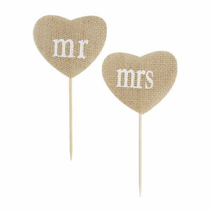 Picks - Wedding Mr & Mrs Hessian Heart Sign Picks