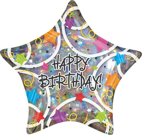 Foil Balloon 18" - Holographic Star Shape Happy Birthday